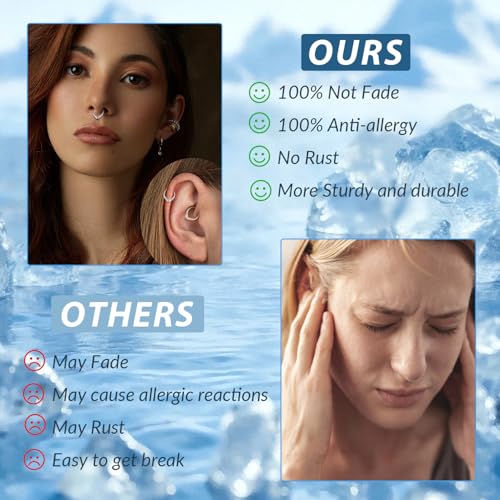 GAGABODY Daith Piercing Jewelry 16g Septum Ring Septum Jewelry Nose Hoop Daith Earring Surgical Steel Cartilage Earrings Hoop Helix Piercing Jewelry - color: 1pc Silver+Water Droplets CZ