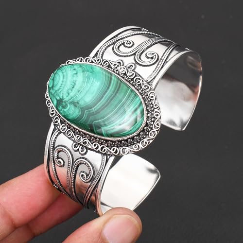 Silver Plated Statement Cuff Bangle Bracelet for Women – Handcrafted Wide Boho Bracelet with Natural Stone Inlay (Abalone Shell, Blue Turquoise, Malachite) Ideal Gift For Birthday Anniversaries Adjustable Fashion Jewelry - color: Malachite
