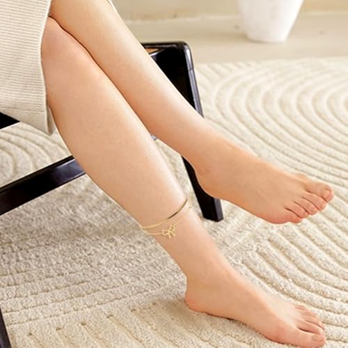 yueton Adjustable Gold Ankle Chain Stylish Double-Layer Ankle Bracelet with Cute Bow Pendant Dainty Beach Foot Jewelry for Women