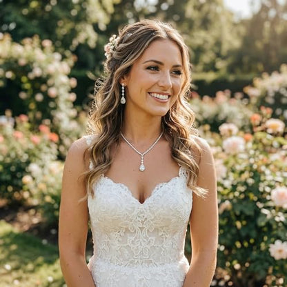 EVER FAITH Pear Shaped Cubic Zirconia Bridal Wedding Jewelry Set for Women | Gorgeous Water Drop Bride Necklace Dangle Earrings, for Bride Bridesmaid - color: White Silver-Tone