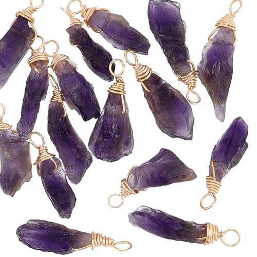FINGERINSPIRE 16pcs About 28mm Natural Amethyst Pendant Bulk Irregular Amethyst Charms Raw Amethyst Copper Wire Wrapped Pendants Natural Stone Healing Crystal Gemstone Charm for Jewelry Making
