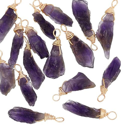 FINGERINSPIRE 16pcs About 28mm Natural Amethyst Pendant Bulk Irregular Amethyst Charms Raw Amethyst Copper Wire Wrapped Pendants Natural Stone Healing Crystal Gemstone Charm for Jewelry Making