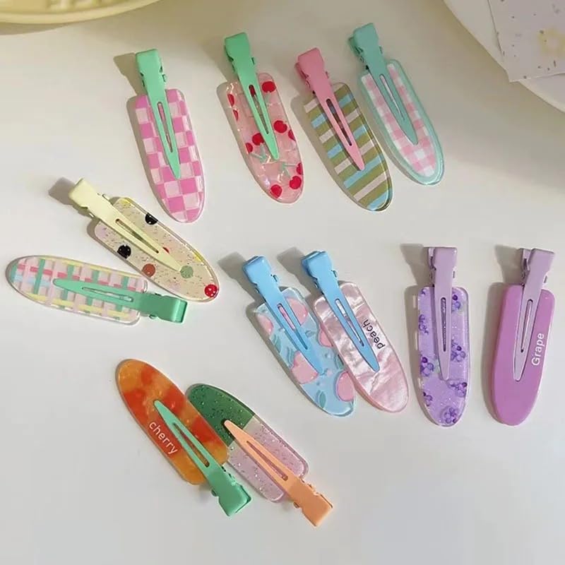 10PCS Colorful Mini Snap Hair Clips Set for Women, Thin Acrylic Barrettes for Bangs, Lightweight No Mark Hairpins, Pastel Fruit Pattern Styling Clips for Daily Use