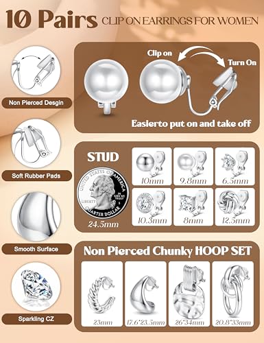 LOLIAS Clip On Earrings for Women 14K Gold Plated Clip Earrings Non Pierced | Hypoallergenic Ears Clips CZ Pearl Knot Twist Chunky Hoop and Studs Earring Set Lightweight Fake Earings Jewelry - style: 10Pairs-Silver Plated