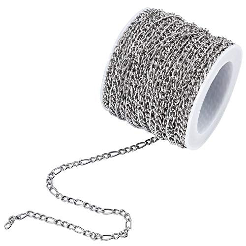 UNICRAFTALE 32.8ft(10m/Roll) Figaro Chains 304 Stainless Steel Chains Unwelded with Spool Figaro Chains Necklaces Metal Material Connector Chains for Women DIY Necklace Jewelry Making