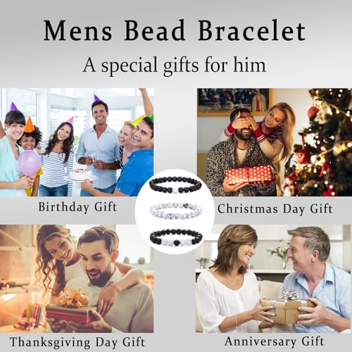 Mens Bead Bracelet Set - Adjustable Elastic Rope With 6&8MM Natural Stone Multi-Colored Beads - Tiger Eye Bracelets for Men - Gift - style: 3,white,black bracelet