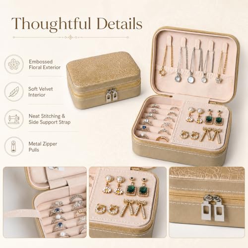 Travel Jewelry Box, Jewelry Box with Embossed PU Leather Small Jewelry Organizer Case with Zipper, Velvet Lined Ring Earring Necklace Case for Travel, 6.3 x 4.7 x 2.4 in - color: Golden