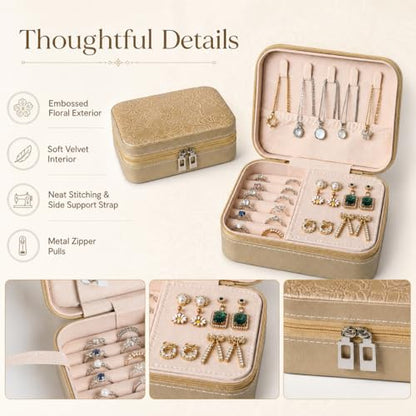 Travel Jewelry Box, Jewelry Box with Embossed PU Leather Small Jewelry Organizer Case with Zipper, Velvet Lined Ring Earring Necklace Case for Travel, 6.3 x 4.7 x 2.4 in - color: Golden