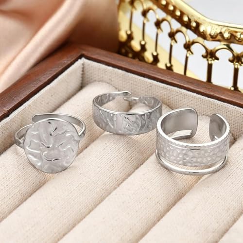 3Pcs Gold Chunky Hammered Geometric Open Ring Set for Women,Boho Retro Textured Stackable Band Statement Rings Modern Minimalist Jewelry Gifts - color: Silver
