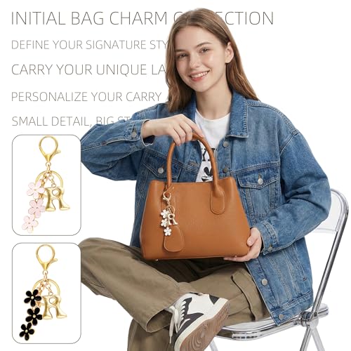 Floral Series Initial Bag Charm, Cute Flower & Bubble Letter Purse Charms, Keychain Accessories Gift for Women - color: White Flower, style: R