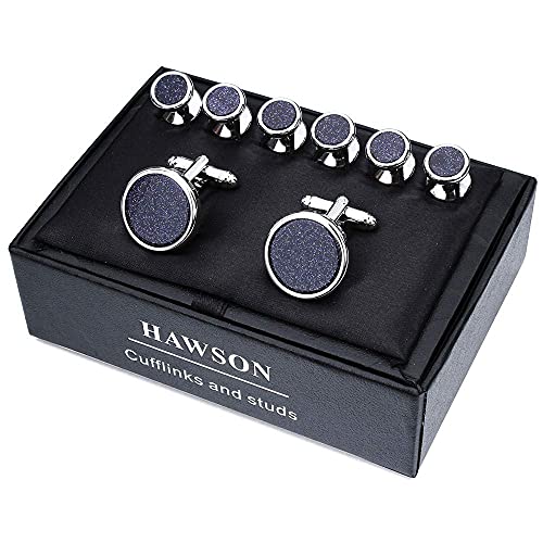 HAWSON Fashion Mother-of-Pearl Tuxedo Shirt Button and Cufflink Set, Specially Designed for Wedding Business - color: Silve Tone- Blue Sand Stone