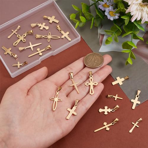 PH PandaHall 20pcs Golden Cross Charm Pendants, 10 Styles Stainless Steel Crucifix Charm Mini Cross Pendants for Easter Jewelry Making Necklace Bracelet Choker Thanksgiving