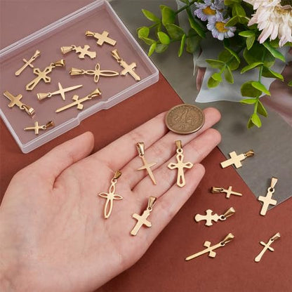 PH PandaHall 20pcs Golden Cross Charm Pendants, 10 Styles Stainless Steel Crucifix Charm Mini Cross Pendants for Easter Jewelry Making Necklace Bracelet Choker Thanksgiving