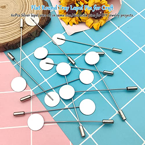60Pcs Flat Round Tray Lapel Pin for Craft,Silver Safety Stick Pins Stainless Steel Brooch Pin Needle Suit Tie Hat pin Scarf Badge for DIY Costume Jewelry Making Accessories - color: Silver