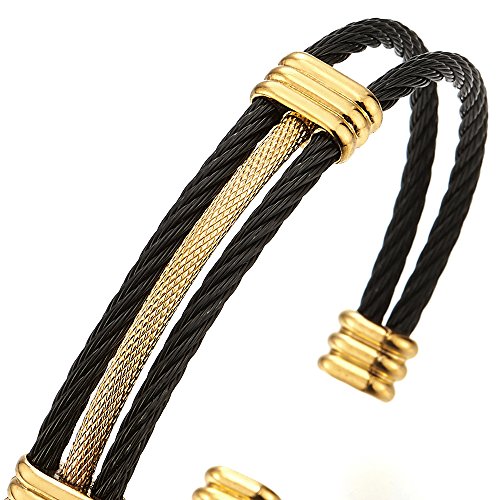 COOLSTEELANDBEYOND Men Women Stainless Steel Twisted Cable Adjustable Cuff Bangle Bracelet - color: D-Metal Color: Black & Gold