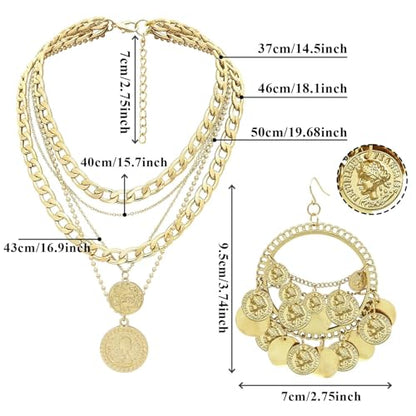 2 Pcs Layered Golden Pirate Necklace Earrings for Women Chunky Chain Layered Necklace Boho Gypsy Hoop Earrings Punk Grunge 80s 90s Coin Pendant Jewelry Halloween Pirate Costume Accessories - color: Polish Golden B