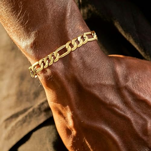 Gold Bracelets for Women & Men 14k Gold Figaro Chain Bracelet Trendy Gold Chain Dainty Chunky Charm Bracelet Statement Unisex Ewelry Gifts 6mm/8mm - size: 8mm