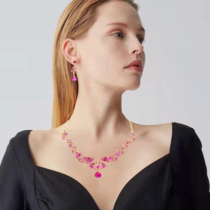 Jewelry Set for Women, Statement Necklace Dangle Earrings Bracelet Ring, White/KC Gold Plated Jewelry Set with Rhinestone Pearl Crystal Wedding Party Jewelry for Bridal Bridesmaid - color: Set001-Style2-Rose Red-Gold Plated