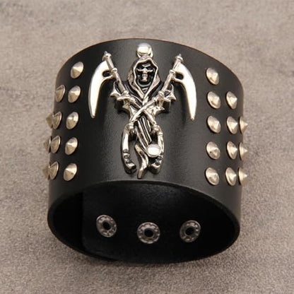 JAOYU Punk Leather Cuff Bracelet Goth Leather Wristband Rock Bracelet Biker Bracelet for Men Leather Armband Black Handmade Jewelry - color: Death Skull Bracelet Black