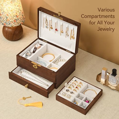 Black Walnut Wooden Lockable Jewelry Box, 3 Layer Organizer for Women | Solid Wood, Drawer, Removable Tray, Lock Key, Necklace Ring Earrings Watch Bracelet Case, Handcrafted, Gifts for Mom, Wome - color: 3 Layer Full Lock