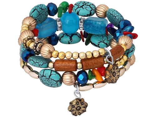 MINACHI Summer Boho Retro Style Multilayer Wrap Irregular Beads with Golden Flower Charm Bracelets, Blue Tone, Ethnic Jewelry for Women - style: Bracelet R17-015