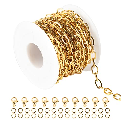 UMAOKANG 16.4 Feet Gold Plated Link Chain for Jewelry Making Stainless Steel Paperclip Chain Bulk with Jump Rings Lobster Clasps for Jewelry Bracelet Necklace Choker Making Supplies - color: Gold Square
