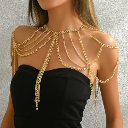 Gold Body Chain Shoulder Chain Punk Layered Arm Chain Tasssel Shoulder Necklace Party Nightclub Bridal Wedding Body Jewelry