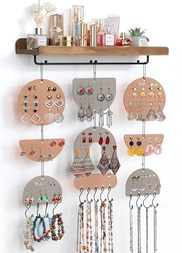 Keebofly Wall Mounted Jewelry Organizer - Boho Earring Organizer with Wood Shelf & Necklace Hooks, Acrylic Pegboard Earring Display Rack for 100+ Pairs Studs, Hoops & Dangles, Decorative Storage - color: Black