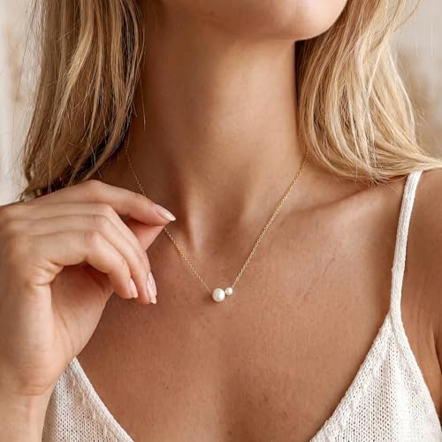 Gold Pearl Necklaces for Women Trendy, 14K Gold Plated Dainty Necklace Simple Single Double Layered Pearl Pendant Necklaces for Women Wedding Birthday Jewelry Gifts - color: 1-Double Pearl - Gold