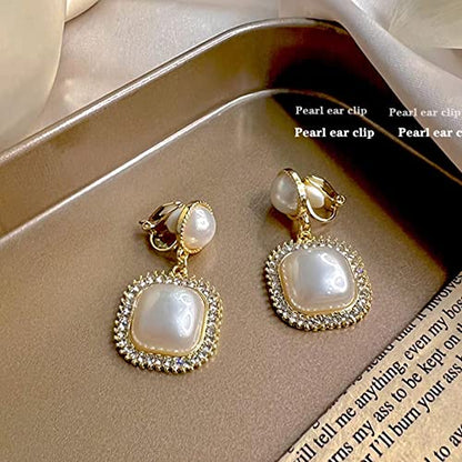 Pearl Clip on Earrings for Women Drop Clip Earrings for Women Gold Plated White Imitation Pearl Earrings Fashion - color: Square Pearl