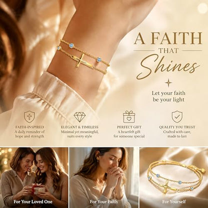 Midari 18K Yellow Gold Gemstone Birthstone Anklet Bracelet Cross Jewelry with 12 Months Birthstone Birthday Gifts for Women Wife Her Daughter Mom - color: 03-Mar-Aquamarine, size: Bracelet 7"-9"