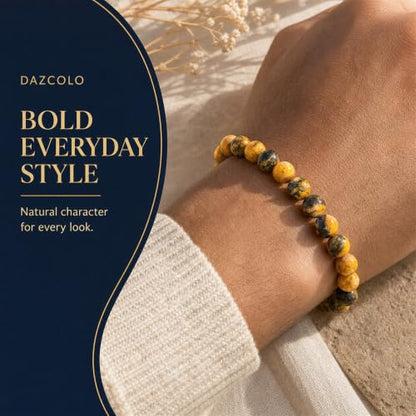 8mm Natural Crystal Stretch Bracelet | Handmade Round Stone Bead Bracelet, Runs Large, Meditation Yoga Gift for Women & Men - color: Bumblebee Jasper