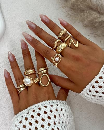 Chunky Gold Shell Starfish Ring Set for Women Trendy Gold Flower Scallop Seashell Starfish Gemstone Rings Adjustable Stacking Statement R-ings Non Tarnish Spring Summer Jewelry Accessories - color: A9:11 pcs