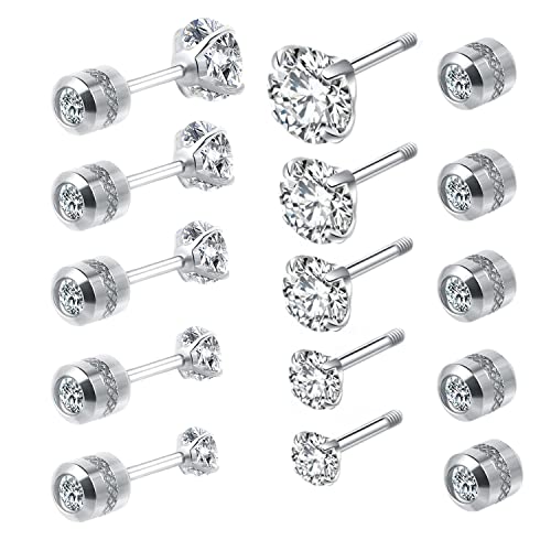 5 Pairs Titanium Screw Back Stud Earrings Set for Sensitive Ears, Hypoallergenic Surgical Stainless Steel Double Sided Round Cubic Zirconia Earrings for Women Men - color: 5pcs silver stud set