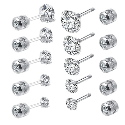 5 Pairs Titanium Screw Back Stud Earrings Set for Sensitive Ears, Hypoallergenic Surgical Stainless Steel Double Sided Round Cubic Zirconia Earrings for Women Men - color: 5pcs silver stud set