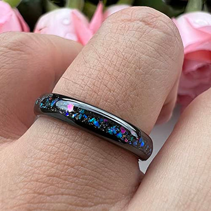 TUTISS 4mm Silver/Black Tungsten Rings for Women Men Engagement Wedding Bands Genuine Blue Green Galaxy Opal Inlay Domed Polished Comfort Fit - color: 4mm Black Tungsten Galaxy Opal