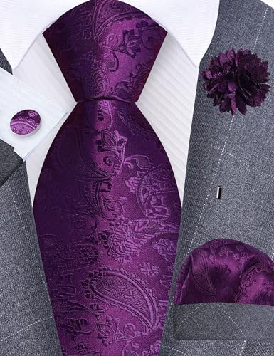 GUSLESON 3.15"（8cm） Mens Paisley Tie and Lapel Pin Necktie Hankerchief Cufflinks Set for Men - color: Dark Purple