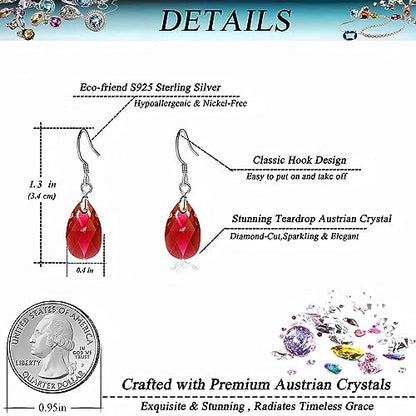 Austrian Crystal Teardrop Drop Earrings for Women, French Hook | 925 Sterling Silver Hook, Crystal Dangle Earrings, Sparkly Teardrop Stone, Lightweight Feel, Day-To-Evening Wear - color: Red