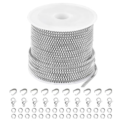 Kyutong 10M Silver Box Chain Links with Bulk Stainless Steel Necklace Chain | 32.8 Feet Silver Craft Chains with Lobster Clasps Pinch Clip Clasps for DIY Handcraft Jewelry Making - color: Silver-8