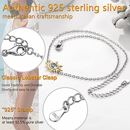 PROSILVER 925 Sterling Silver Ankle Bracelets For Women, Stylish Chain Anklets, Summer Beach Jewelry, 8.6-10.6 Inch Adjustable, Come with Box - style: 01 Sun Anklet