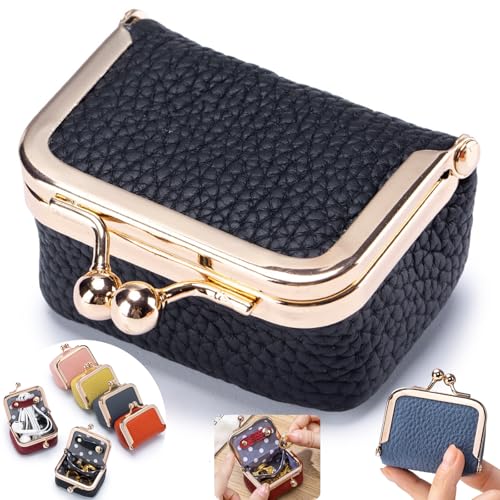 Genuine Leather Mini Jewelry Box with Vintage Kiss Lock, Portable Travel Jewelry Organizer Case for Rings Earrings Necklaces Bracelets, Multi-purpose Small Coin Purse for Women Gift (Black) - color: Black S 2.56in