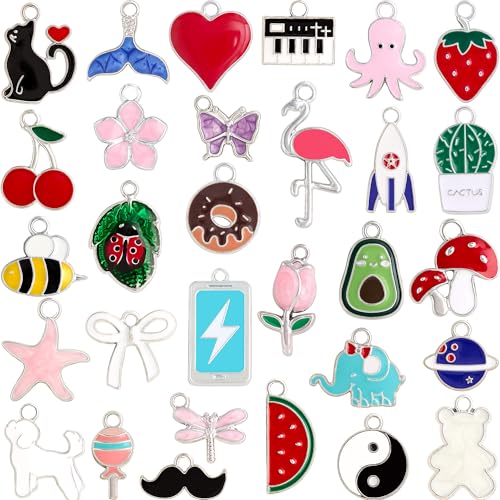 Anjulery 30Pcs Charms for Jewelry Making and Crafting - Assorted Enamel Charms for Bracelets Necklaces Earrings Keychains Pendants (Silver Assorted) - color: Silver Assorted