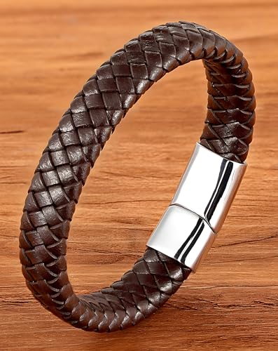Leather Bracelet for Men, Braided Mens Cuff Bracelets with Stainless Steel Clasp Stacked Multi Style Color Anniversary Father's Day Birthday Christmas Jewelry Gifts for Him - color: Silver Clasp & Black Leather