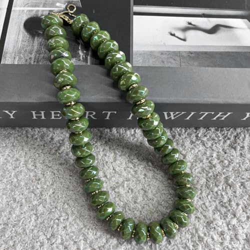 Colorful Chunky Acrylic Beaded Choker Necklaces for Women | Multicolor Faceted Beads, Sturdy Metal Chain, Adjustable Detachable, Lightweight, Summer Boho, Sparkly Statement Jewelry Gift - color: Dark Green