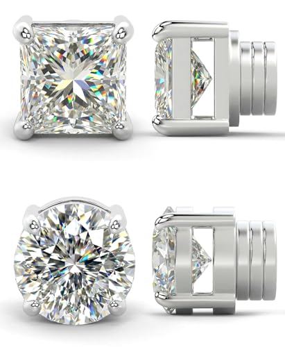 Magnetic Earrings for Men 5A Cubic Zirconia Stainless Steel Clip On Earring | 2 Pairs Fake Earrings Non Pierced Magnet Nose Stud Piercings for Women, 5/6/7/8MM Simulated Diamond, Gold/Silver/Black Color - color: Silver-Style Two-6mm