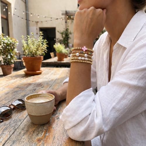 Gold Bracelets for Women, Beaded Cross Stack, Non Tarnish Set，Set-1 | Gold Beaded Bracelet Stack with Stretch Fit, Waterproof Finish and Dainty Design for Everyday Wear and Gifts - color: Colors-3