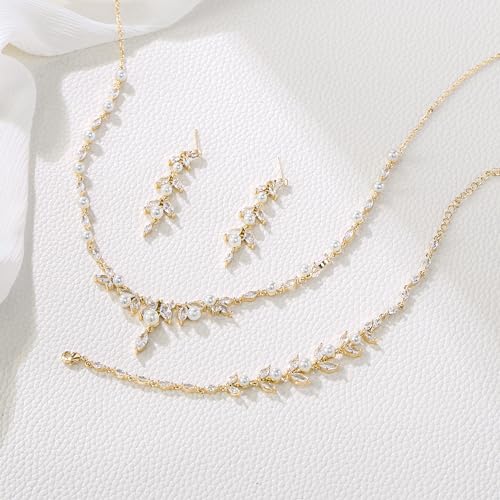 EleQueen Women's Simulated Pearl Wedding Jewelry Set for Brides | Cubic Zirconia Necklace Earrings Bracelet Set for Brides Bridesmaids, Bridal Jewelry Set for Anniversary/Memorial Day - style: Pearl Jewelry Set Gold-Tone