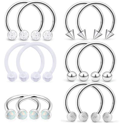 SCERRING 6 Pairs 16G Stainless Steel Horseshoe Septum Ring Nose Rings Hoop Helix Daith Cartilage Tragus Earrings Lip Body Piercing Jewelry Opal 8mm 10mm - color: 10mm - Silver