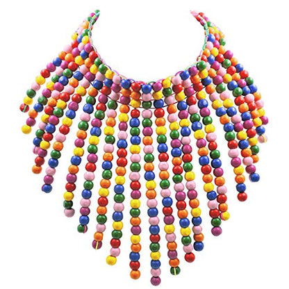 Coiris Boho African Wooden or Acrylic Beaded Bib Statement Necklace Strands Layered Cluster Chunky Collar Choker Wood Necklace for Women Fashion Costume Jewelry - color: Rainbow