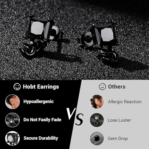 Black Moissanite Stud Earrings for Men Women with Dangling Cuban Links Hypoallergenic Punk Hoop Earrings Mens Jewelry Gifts - color: A- 2.4 carats-(1.2ct*2)-6mm-Square Moissanite Studs